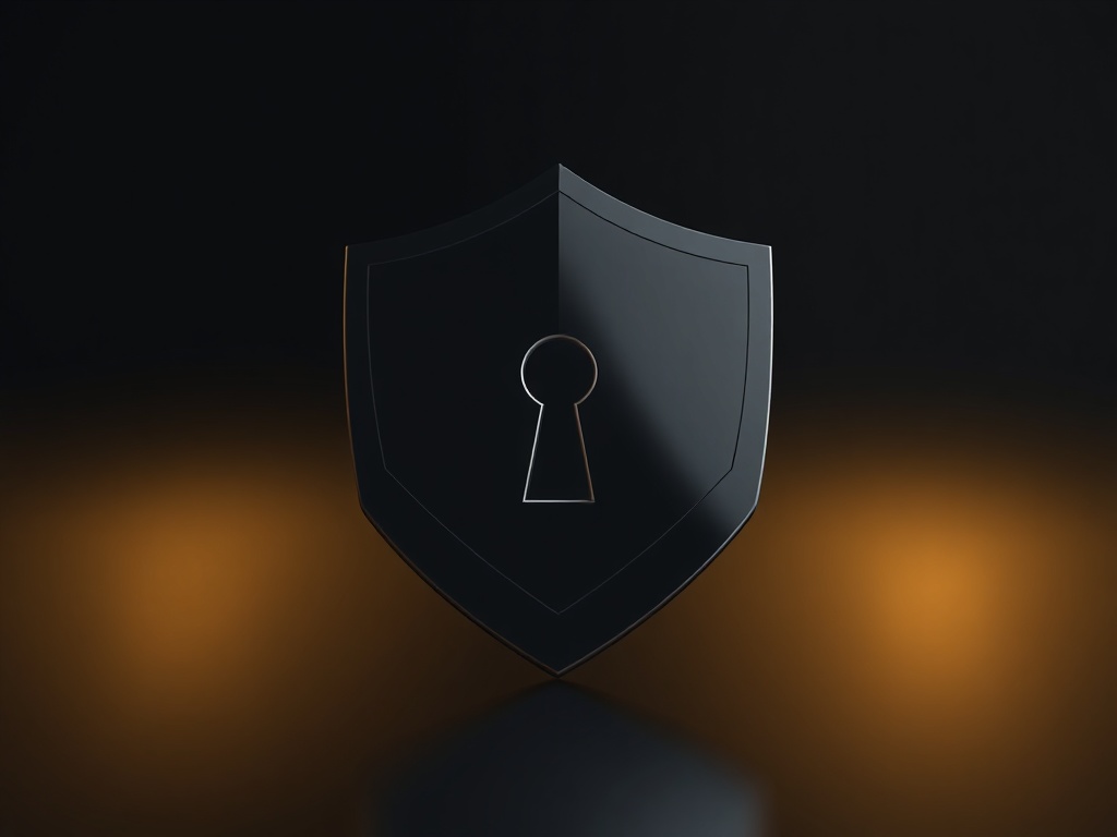 Minimalist geometric shield icon with a subtle keyhole and digital circuit lines, dark background with gold metallic reflection, 8k, photorealistic